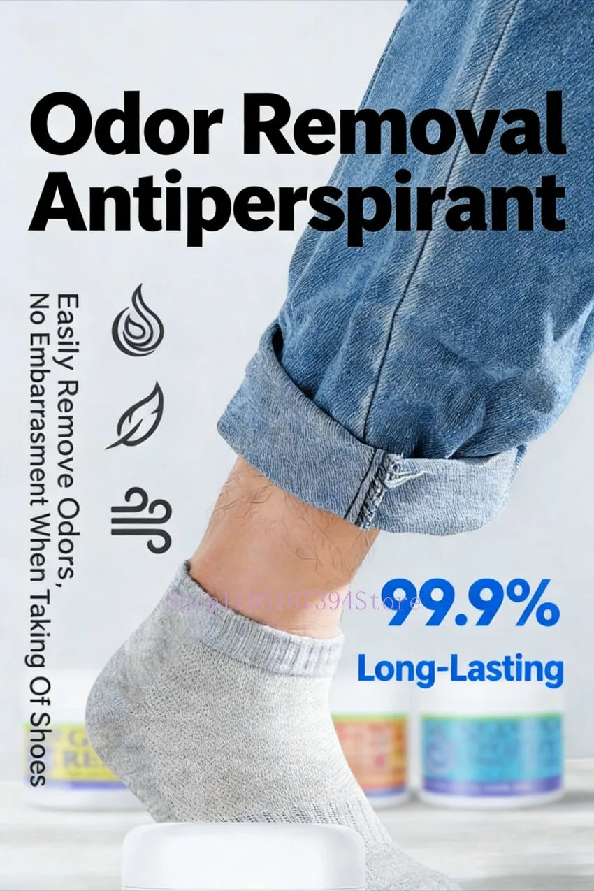 Gran's Remedy foot powder deodorizer jars with grey sock and blue jeans, promoting long-lasting odor removal.