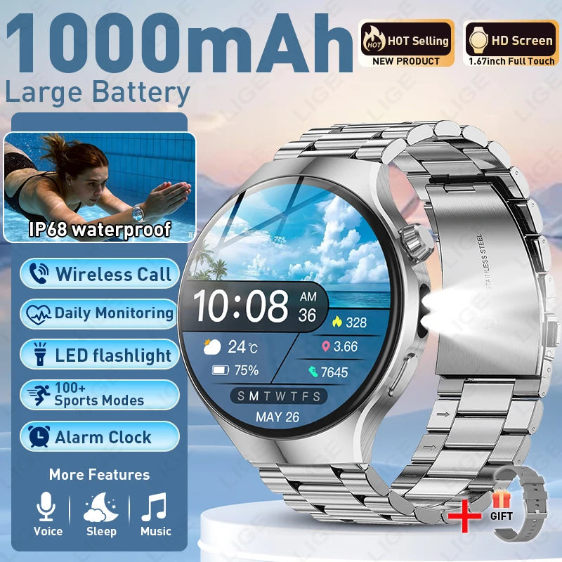 Smartwatch with blue-tinted round display on silver metal link bracelet strap