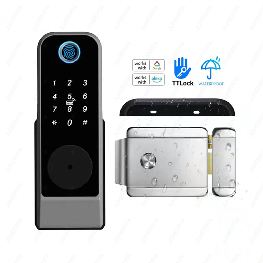 Waterproof Outdoor Smart Door Lock Tuya WiFi Fingerprint Password IC Card TTLock APP Alexa Google Home Entry Electronic Rim Lock