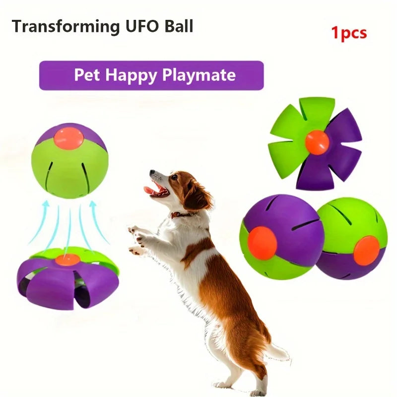 Durable purple and green transforming UFO ball toy for interactive dog training and active pet play.