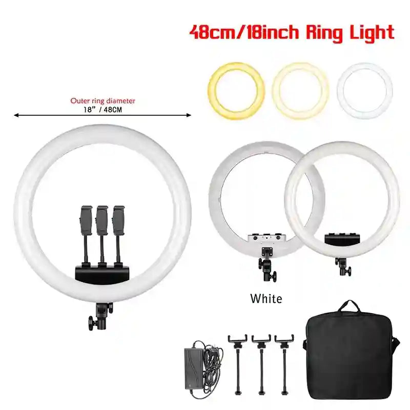 18-inch LED ring light for photography with phone mounts, adjustable color temperatures, power adapter, and carry bag.