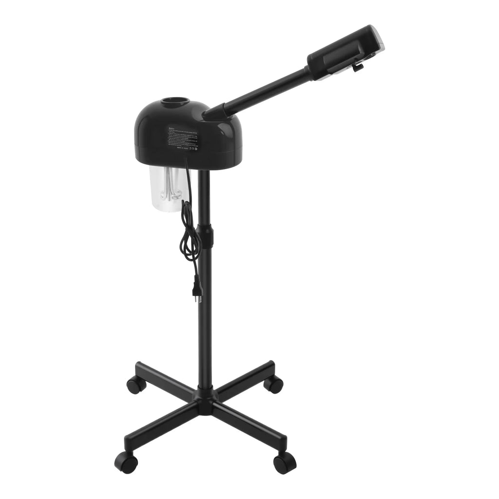 Professional black 750ml facial steamer on adjustable rolling stand for spa, salon, and home skincare treatments.
