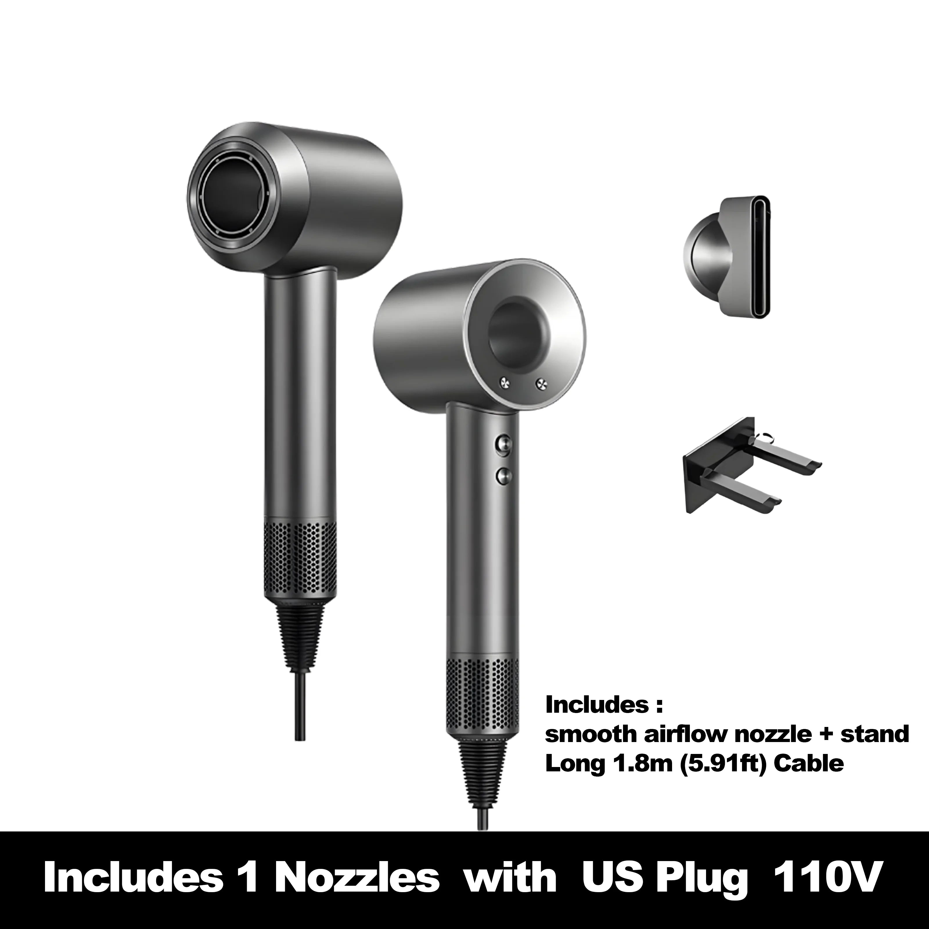 Grey high-speed ionic hair dryer with nozzle attachment and wall stand, featuring intelligent temperature control.