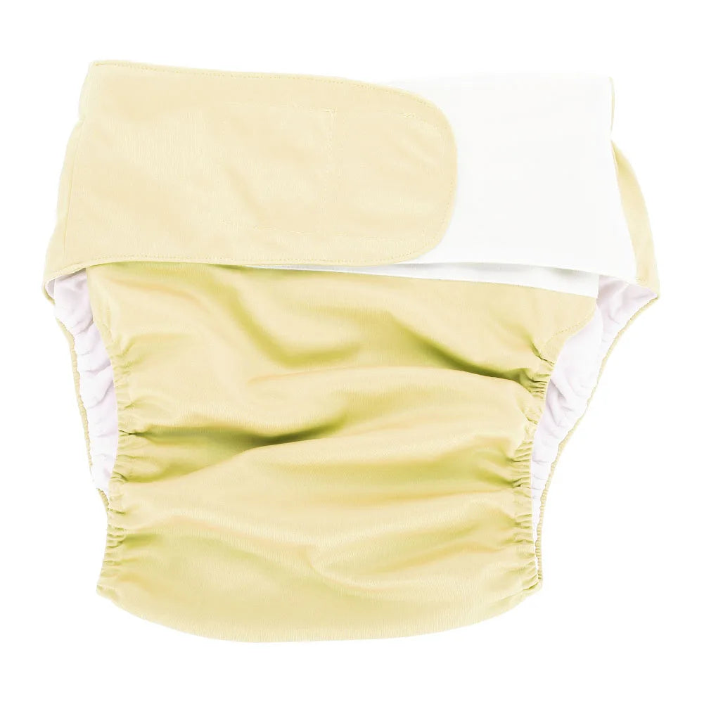 Reusable cloth baby diaper cover in light yellow with adjustable hook-and-loop closure for baby care.