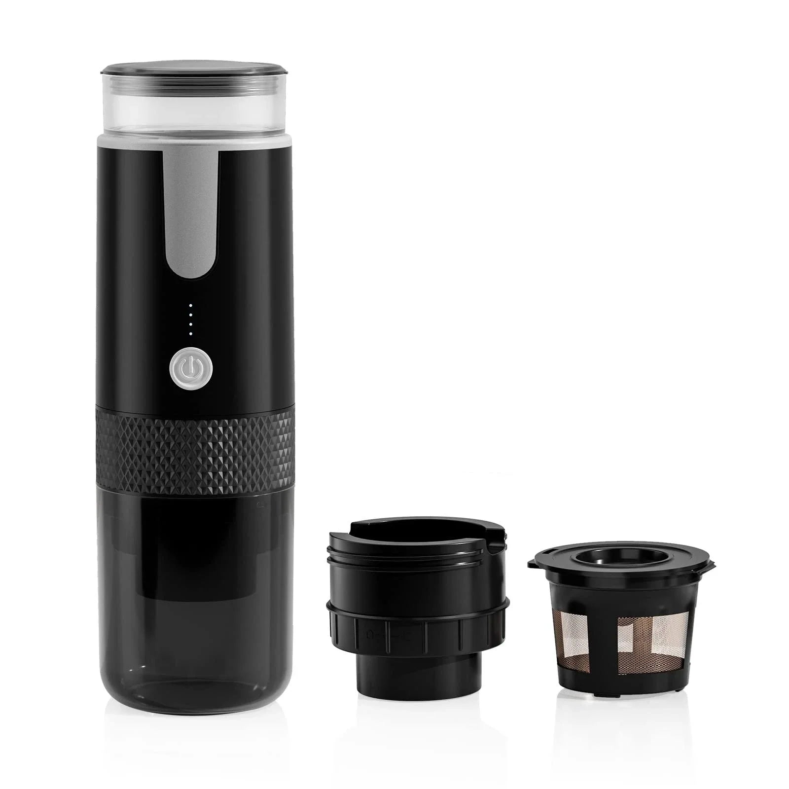 Black portable electric coffee maker with battery indicator, charging base, and stainless steel mesh filter.