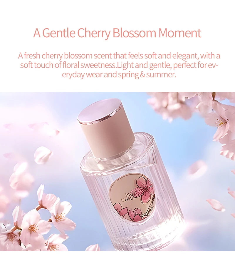 Elegant glass perfume bottle with pink cherry blossom label, soft floral Sakura fragrance, light and feminine aesthetic.