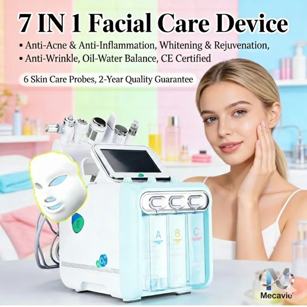 7-in-1 hydro facial machine with light blue finish, LED mask, six probes, and LCD screen for professional skin lifting.