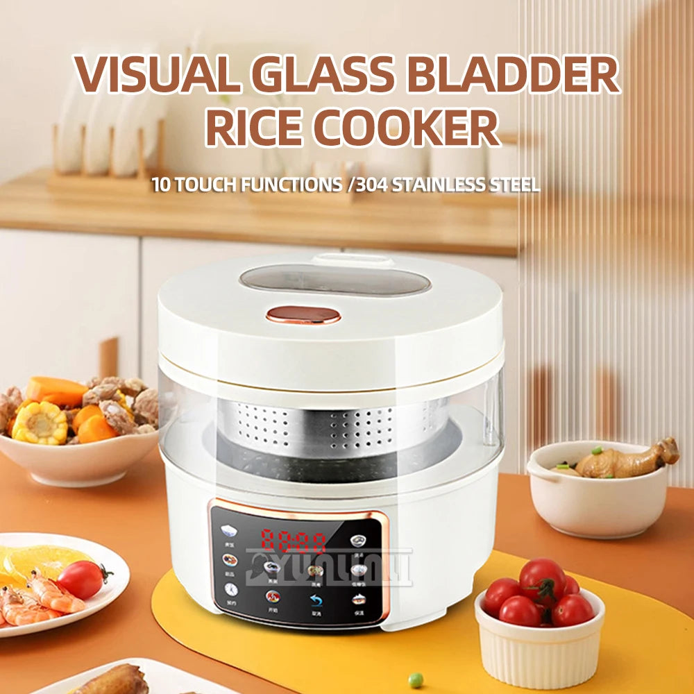 White visual glass rice cooker with clear lid and red-lit control screen