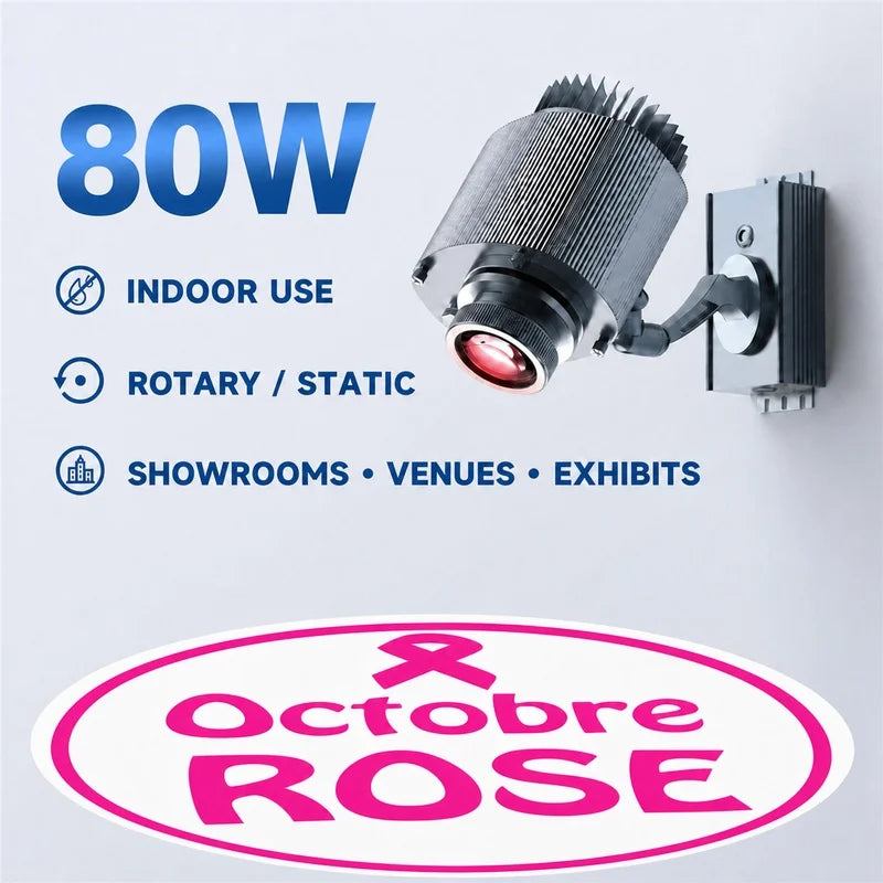 80W indoor LED gobo projector with rotary/static head and pink logo disc