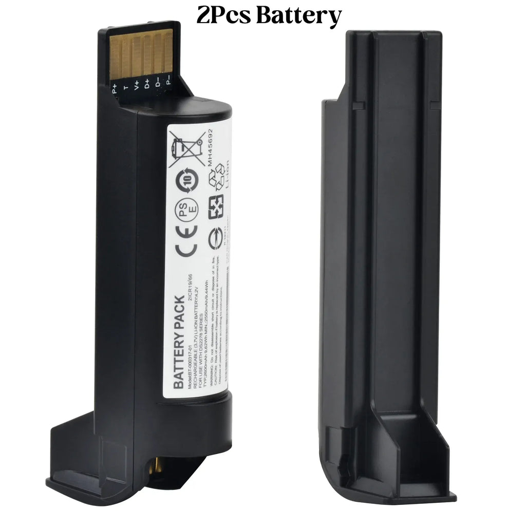 Two black Li-ion barcode scanner replacement batteries with labels and contact ends