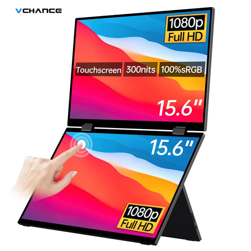 VCHANCE 15.6-inch dual touchscreen portable monitor stacked vertically with a finger touching the lower screen.