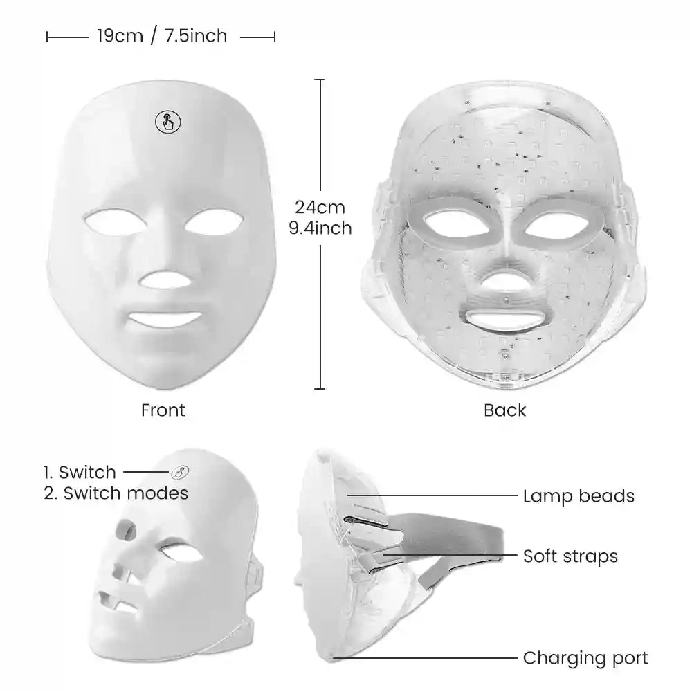 White rechargeable LED face mask showing front, back with lamp beads, side view with soft straps, and dimensions.
