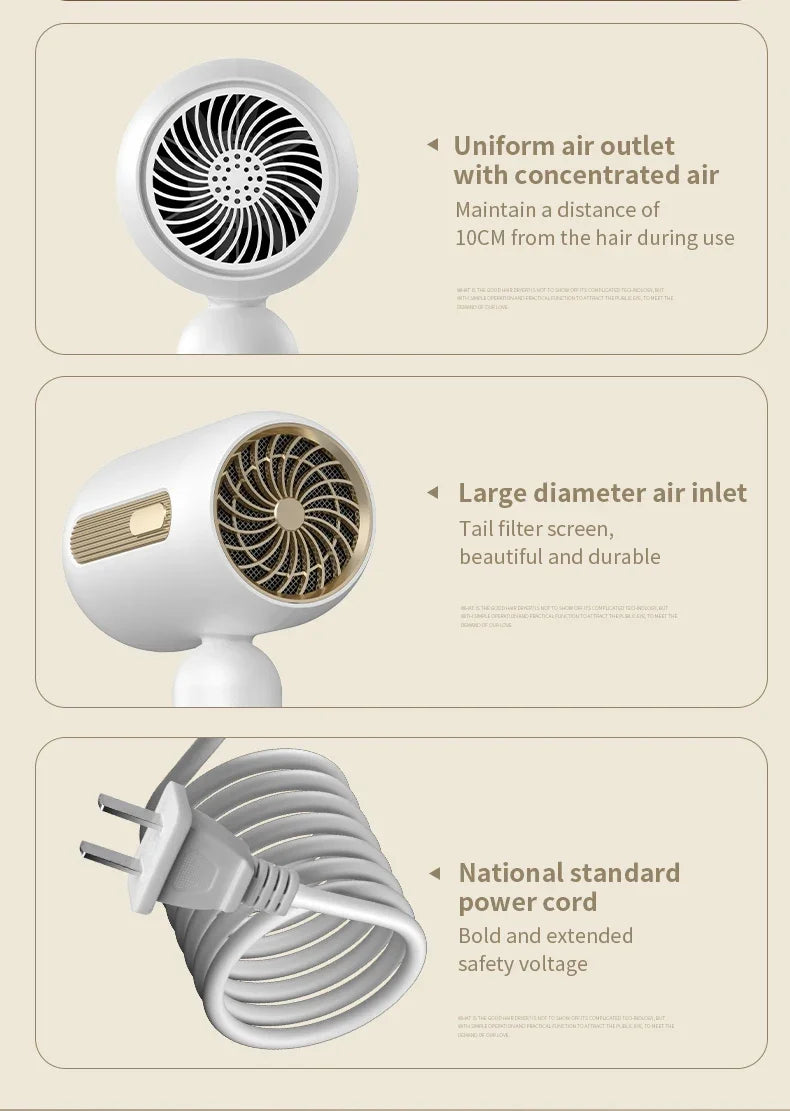 F41 white high-speed hair dryer with gold details, turbine airflow, large air inlet, and safety cord for home salons.