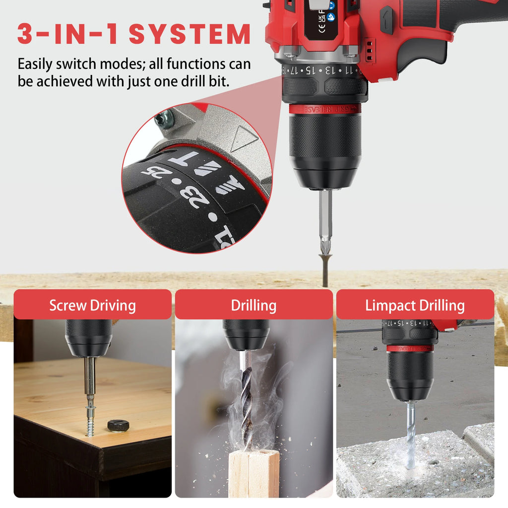3-in-1 Brushless Electric Screwdriver 80Nm Torque Cordless Handheld Drill Impact Drill 16.8V Household Impact Power Tool
