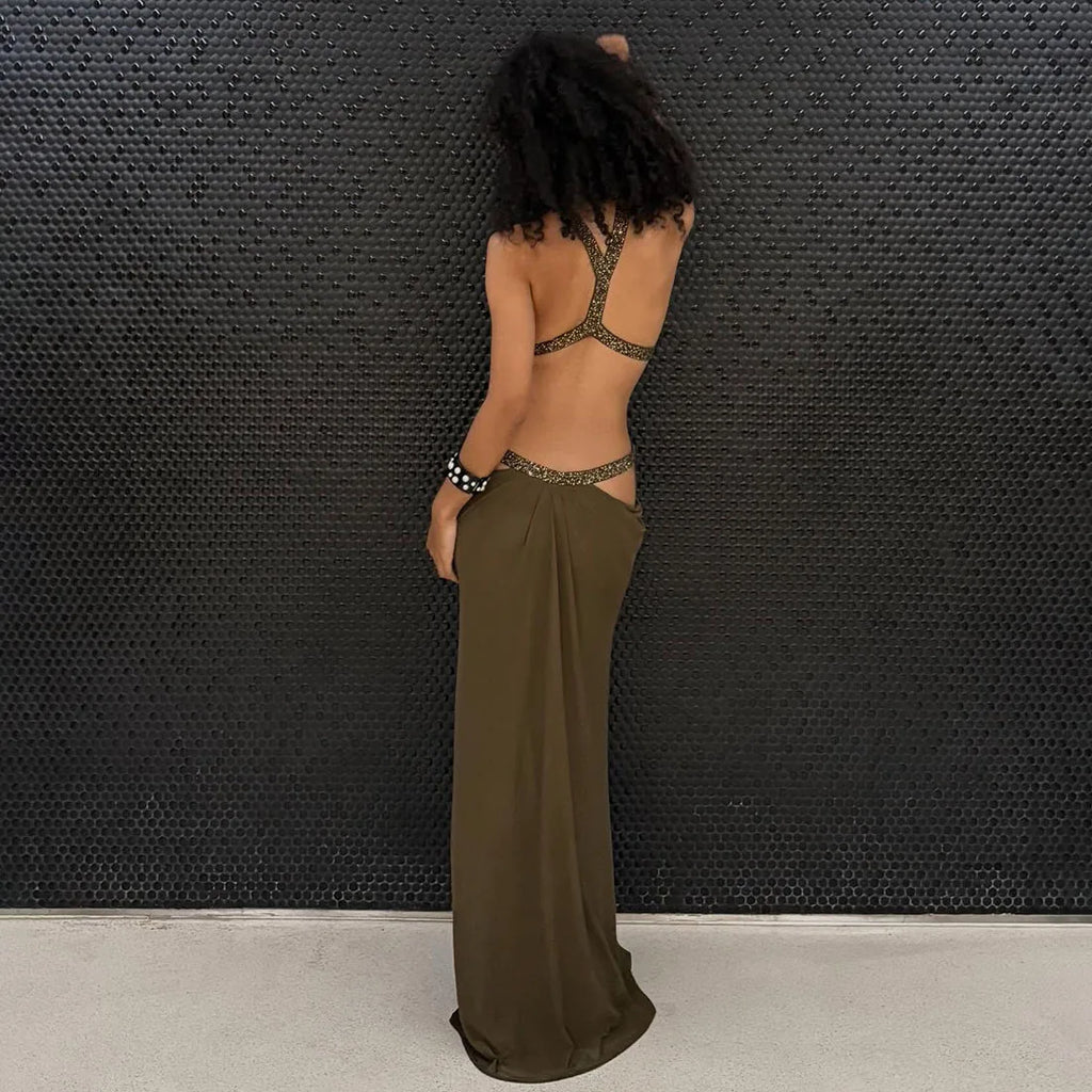 Sexy Women's Maxi Dress Halter Hollow Out Backless Sleeveless Ruched Evening Long Dresses Party Chic Robe Green Purple Summer