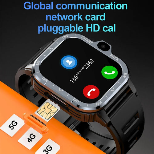Men's black smartwatch with orange accents, touchscreen showing call icons and SIM network cards