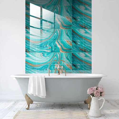 Turquoise faux marble tile backsplash stickers on a square wall panel, peel-and-stick