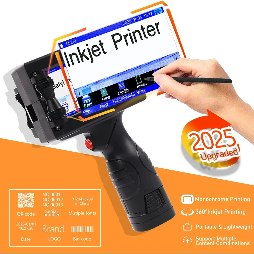 Handheld inkjet date code printer with touchscreen display and trigger grip