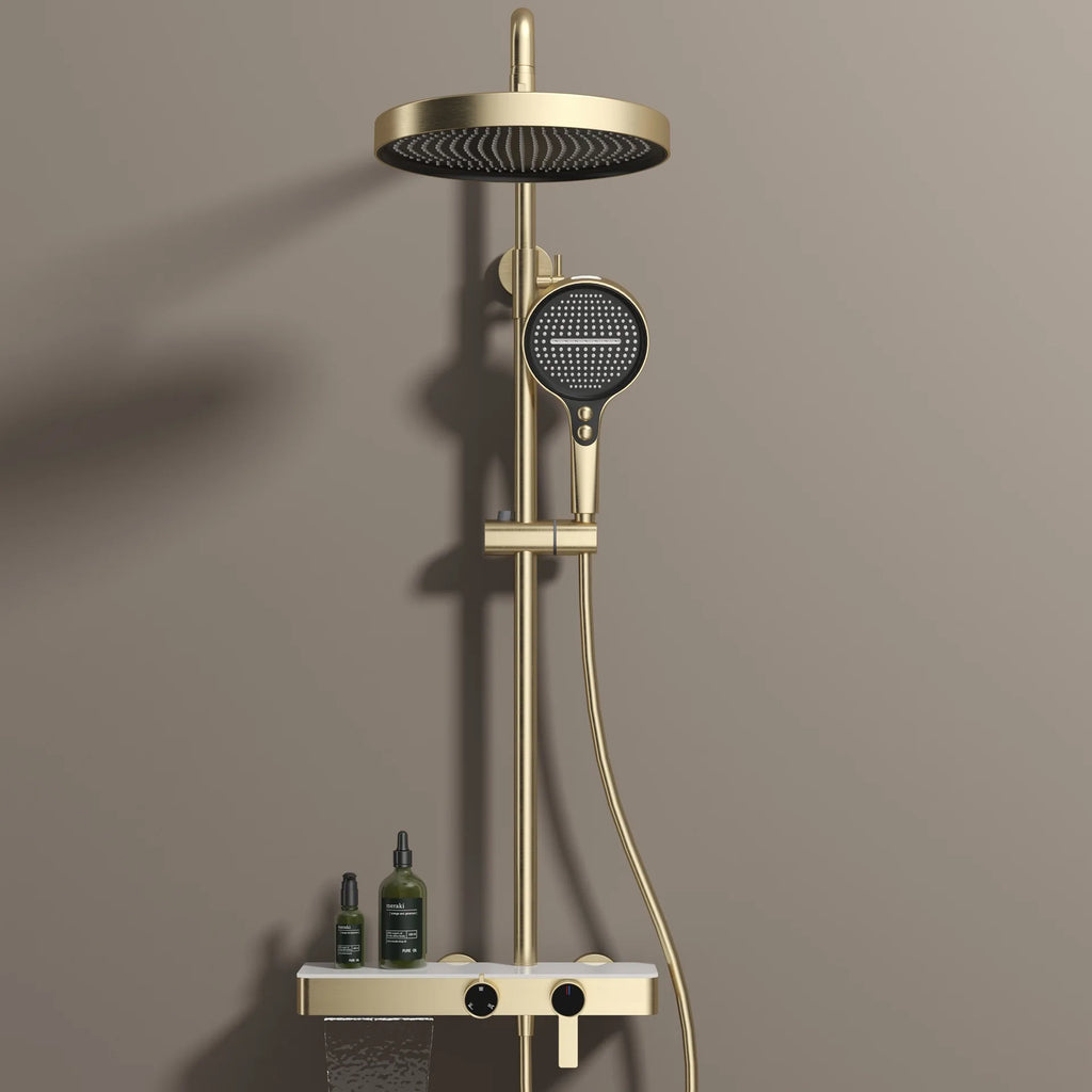 KEMAIDI Brushed Gold Shower System Set Wall Mounted Rain Shower Head with Handheld Shower Spray Brass Bathroom Shower Mixer