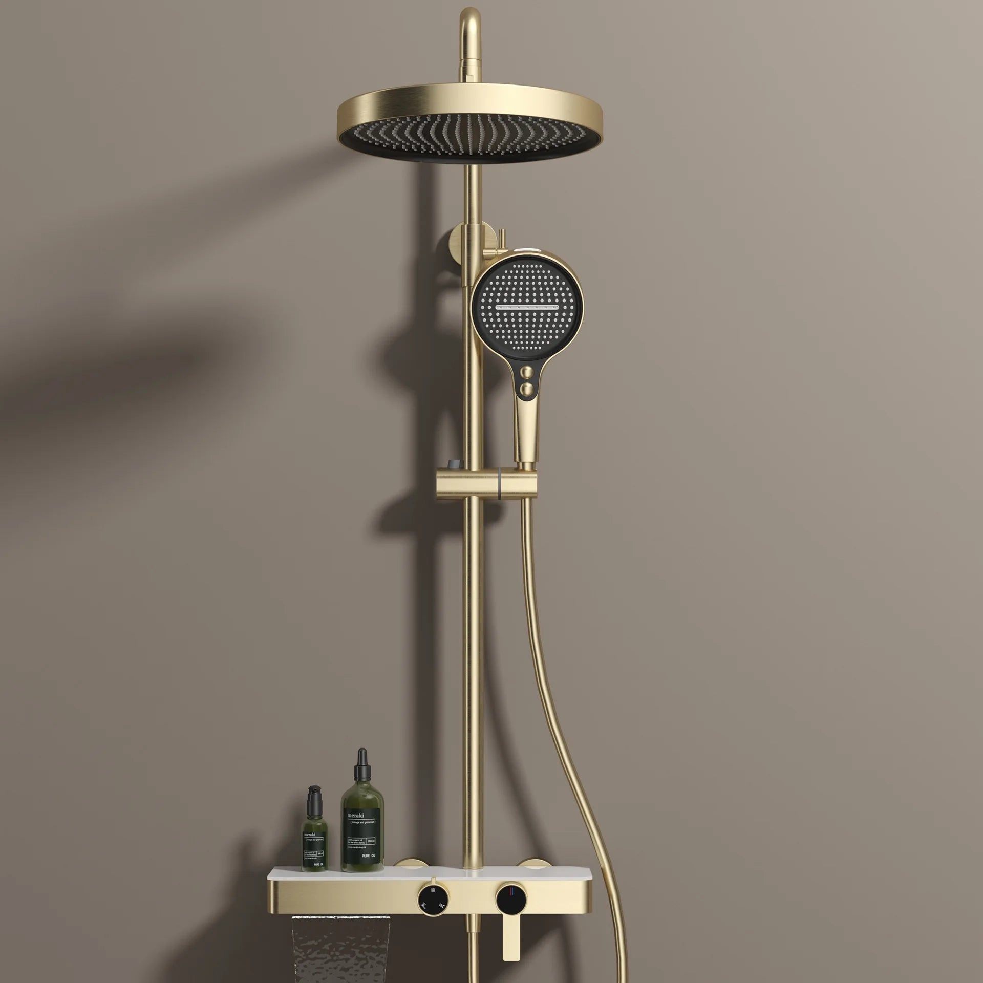 KEMAIDI Brushed Gold Shower System Set Wall Mounted Rain Shower Head with Handheld Shower Spray Brass Bathroom Shower Mixer