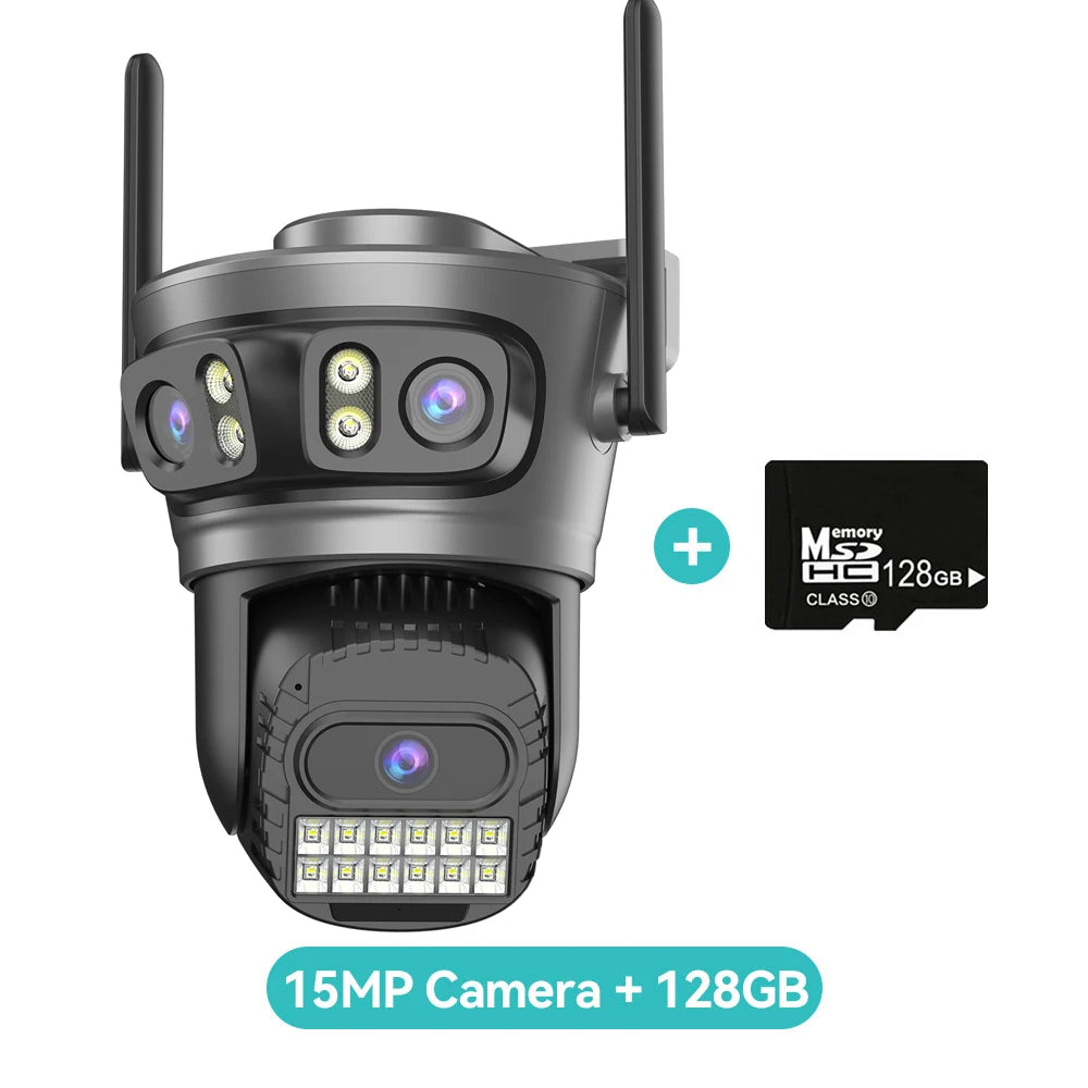 Outdoor PTZ camera with two antennas, three lenses, 15MP and 128GB microSD card