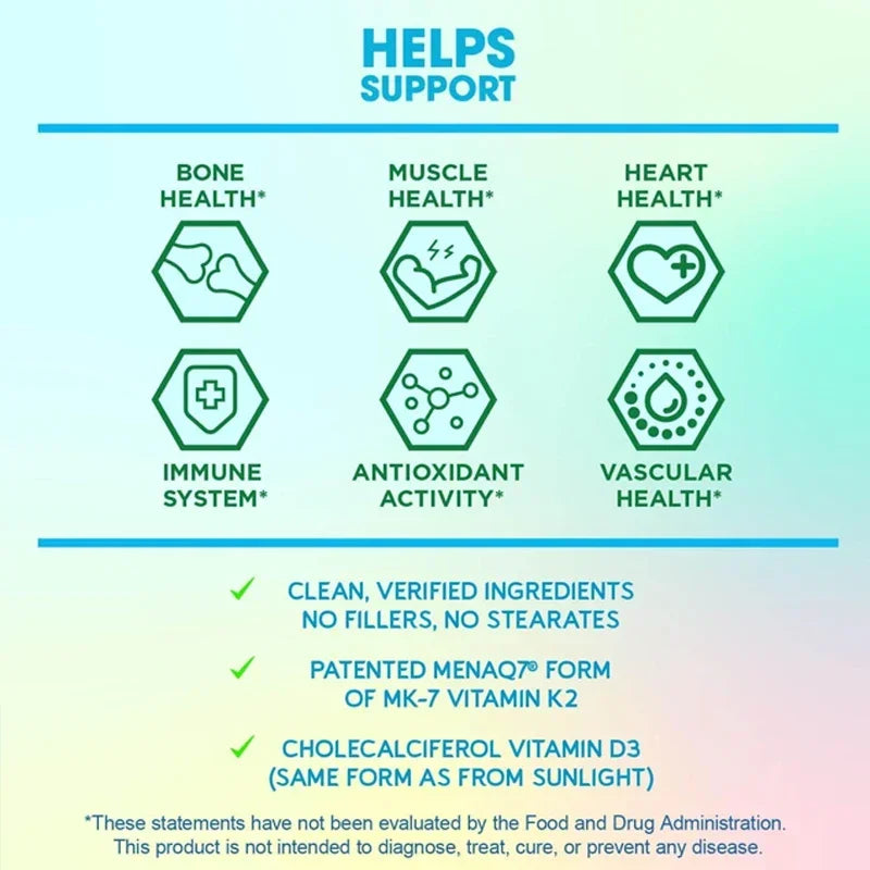 Vitamin D3 K2 60 Capsules ( And 200mcg) Three In One Composite Support, Suitable For Teeth, Heart, And Immune System