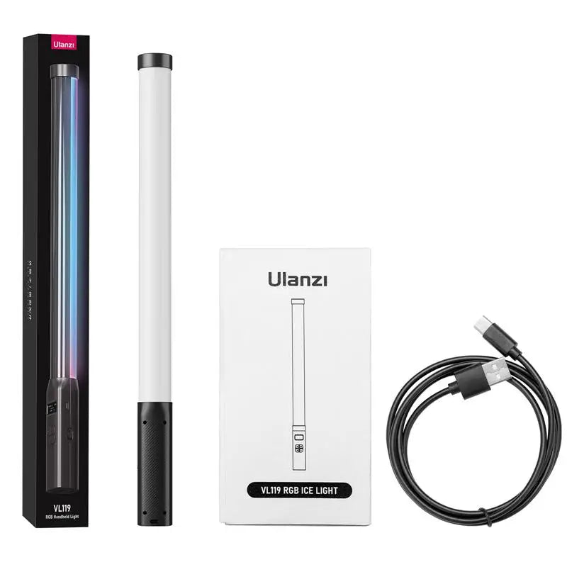 VL119 RGB handheld LED light stick with black handle, white diffusion tube, packaging box, and USB-C charging cable.