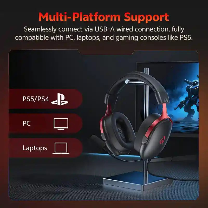 Wired Gaming Headset 7.1 Surround Sound - Ergonomic Over-Ear Black Tidesmit