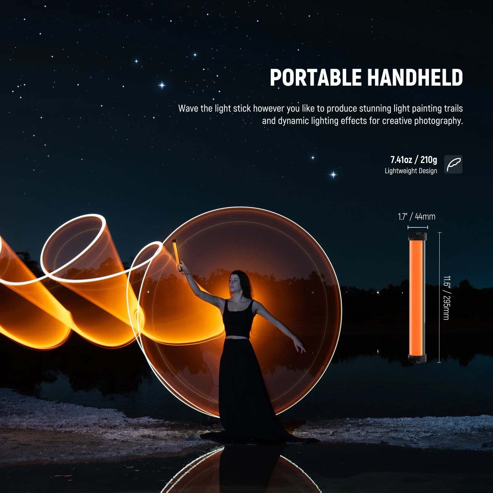 Orange handheld LED light stick, 11.6 inches long, used for creating light painting trails in photography.