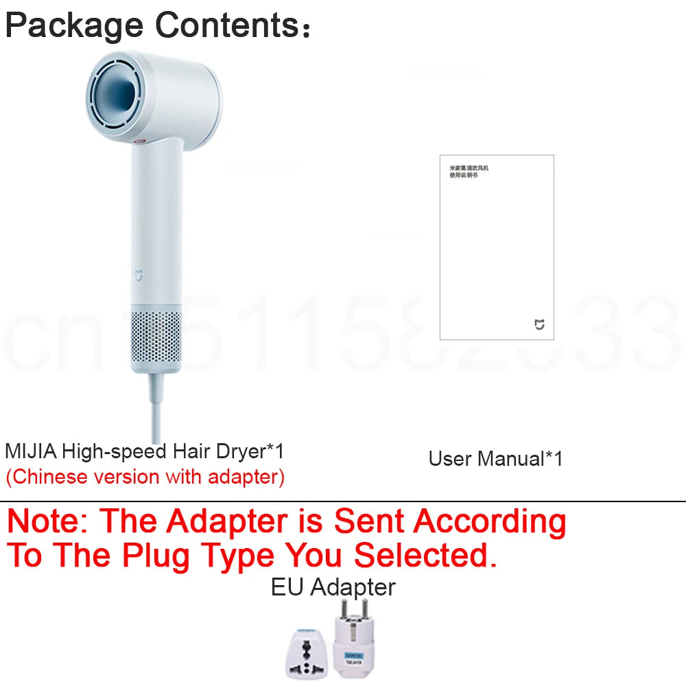 White MIJIA high-speed hair dryer with 110,000rpm motor, user manual, and international power adapter included.
