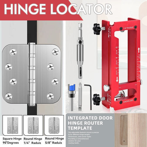 Red hinge mortise jig with router guide bit and included clamp tools