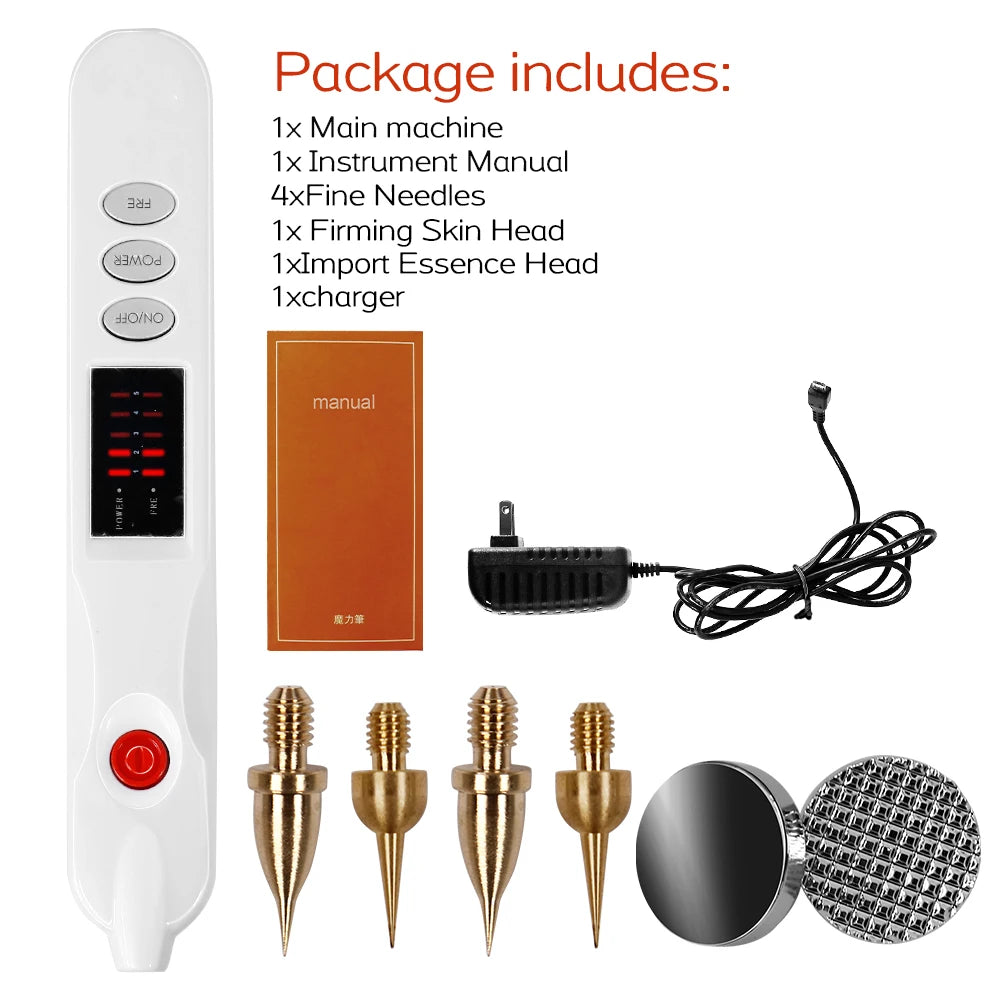 White plasma skin pen kit for mole, freckle, and tattoo removal with needles, charger, and heads for home use.