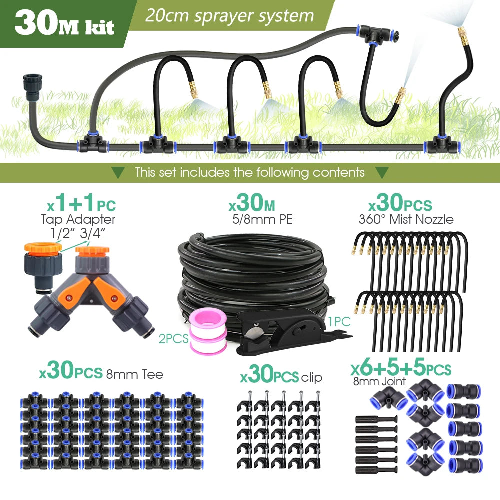 30M misting sprayer kit with 8mm PE hose coil and 360° mist nozzles