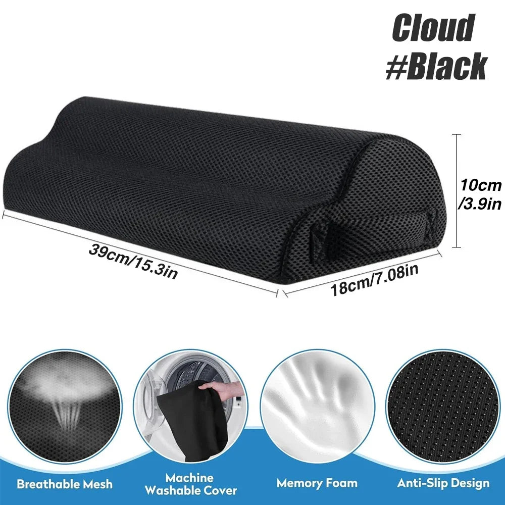 Black semi-cylindrical memory foam support pillow with a breathable mesh cover for neck or lumbar comfort.