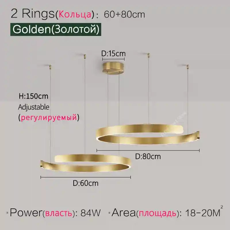 Modern 3-Ring LED Chandelier - Adjustable Dimmable Black Finish Golden 2 Rings M Tidesmit