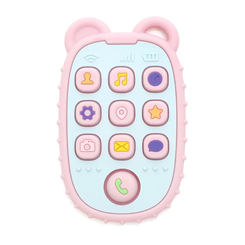 Pink and blue silicone teething toy for baby pain relief shaped like a phone.