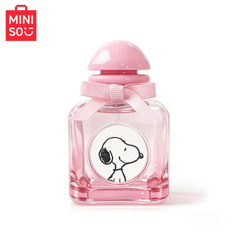 MINISO x Snoopy 50ml fruity floral perfume for women. Pink glass square bottle with bow and rounded cap. Gift spray.