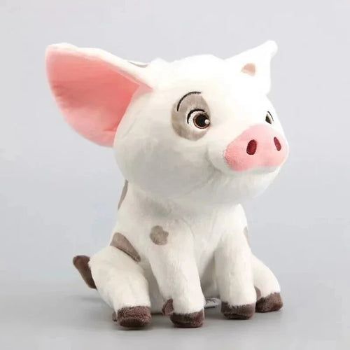 White plush pig doll with pink ears and snout, sitting upright, cartoon style