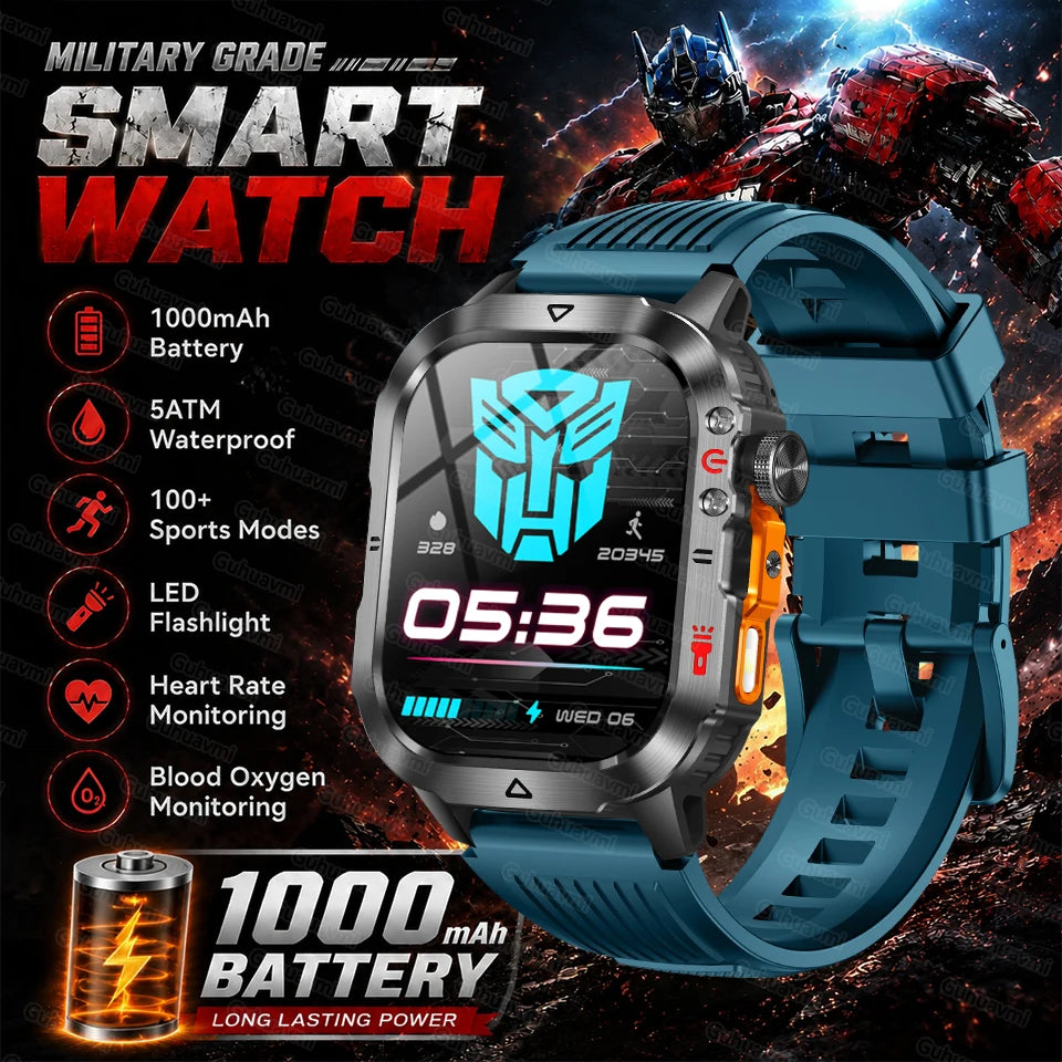 Blue rugged smartwatch with round AMOLED display and blue silicone band