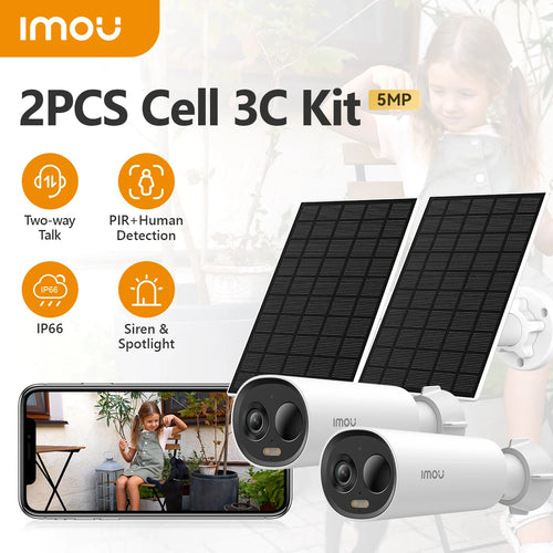 Outdoor wireless security camera kit with two white cameras and solar panels