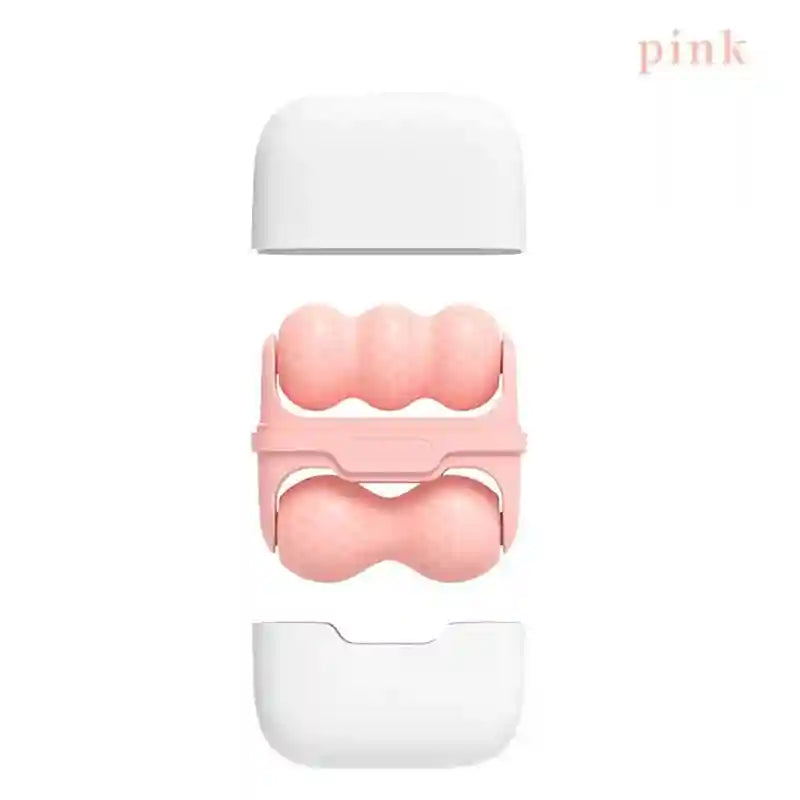 Pink, 2-in-1 textured facial ice roller tool with two white protective caps separated to show the roller mechanism.