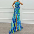 Printed Skew Collar Simple Party Dress, Women Summer Patchwork Sleeveless Elegant Maxi Dress, 2024 Backless Fashion Ladies Dress