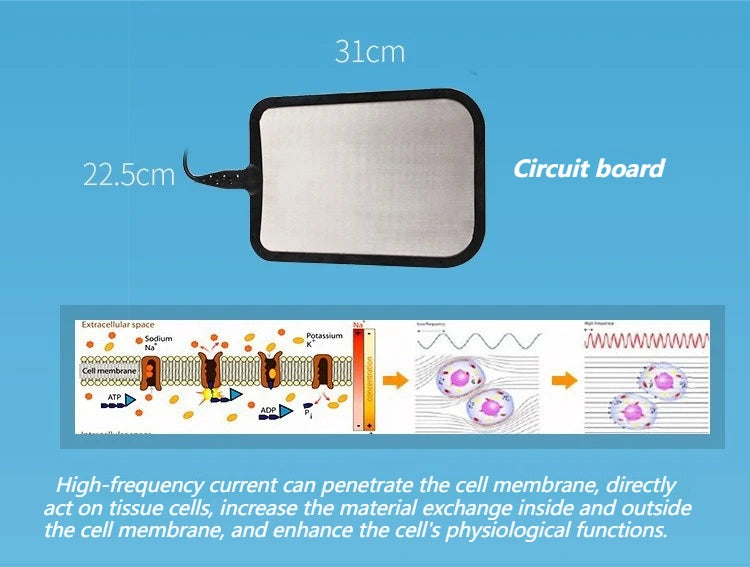 Rectangular 31x22.5cm return electrode pad for 448KHz Tecar RF beauty machine with cell membrane stimulation diagram.