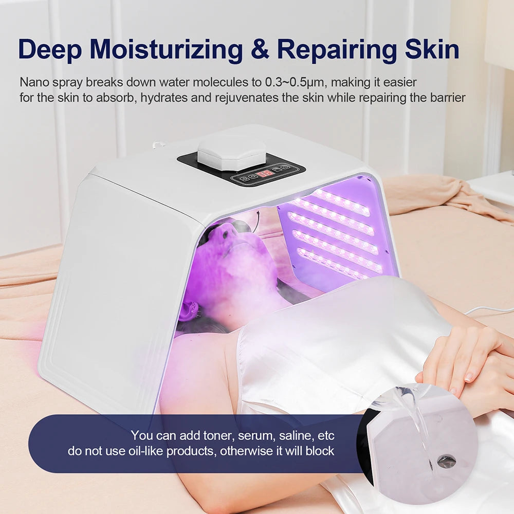 White arched facial steamer and LED light therapy device used to hydrate and treat skin.