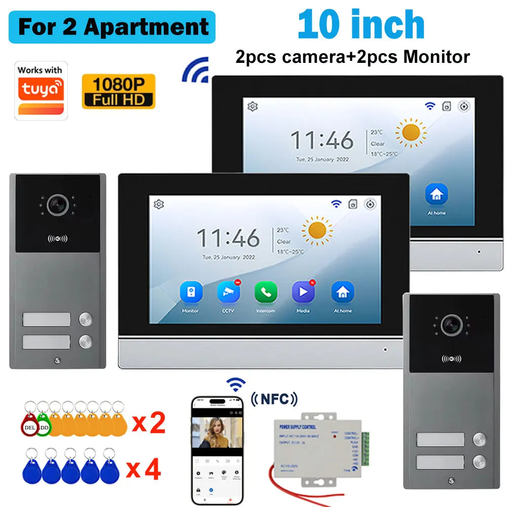 Video intercom system with two 10-inch touch monitors and two door panels, RFID keys