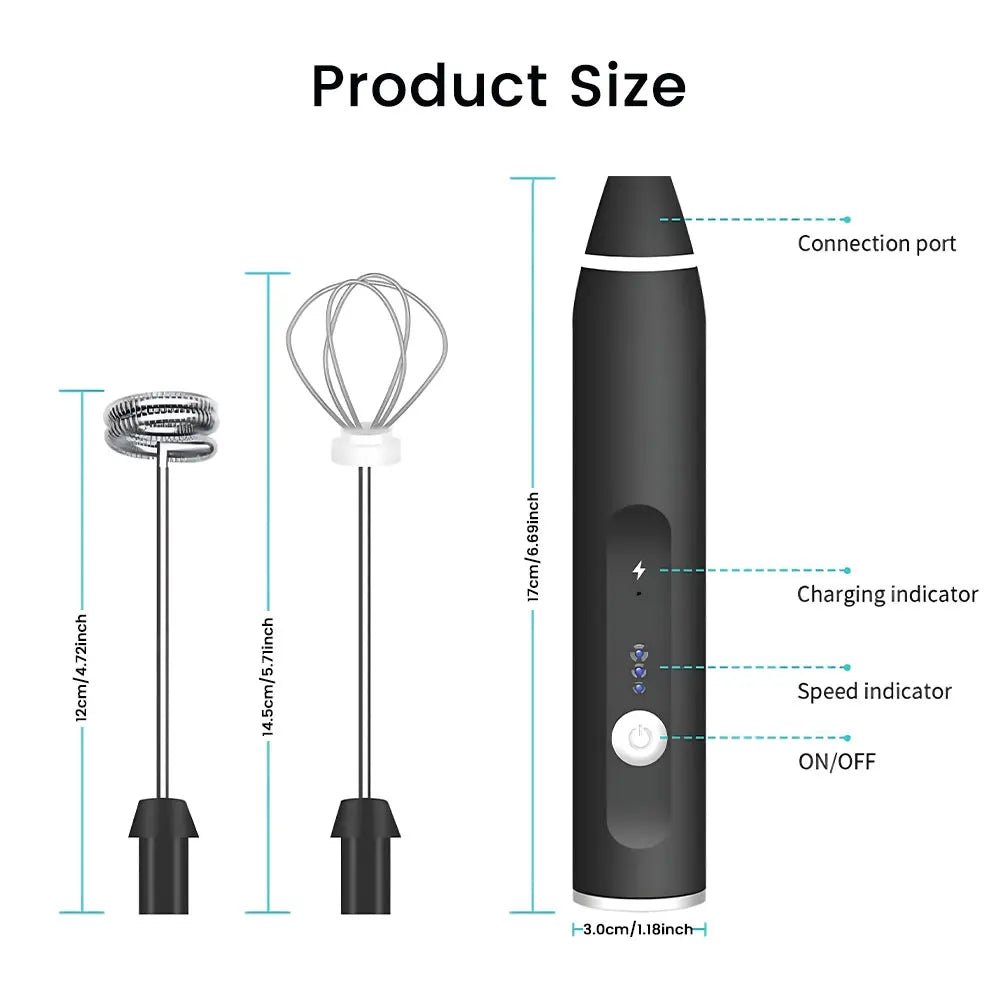 Black electric handheld milk frother with two stainless steel whisks, size dimensions, and speed indicator details.