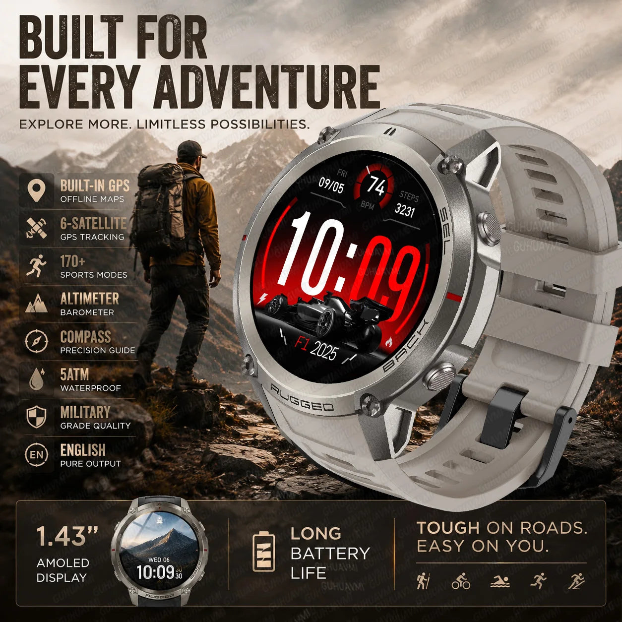 Rugged smart watch with large digital display and light gray silicone strap
