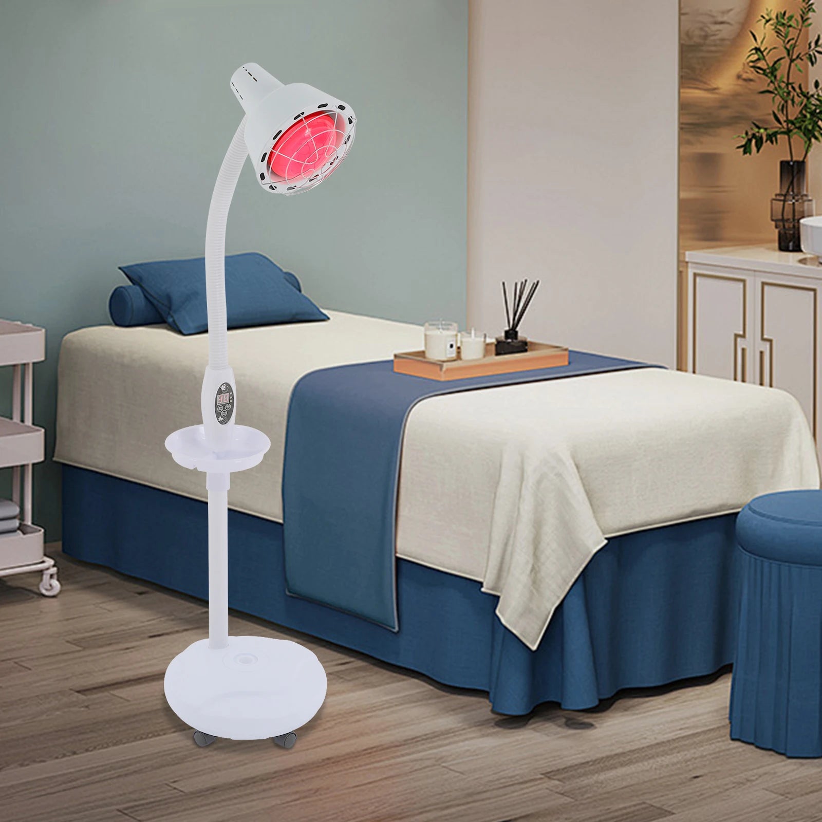 275W floor heat therapy lamp with adjustable arm, red light bulb for pain relief, timer, and white rolling base.