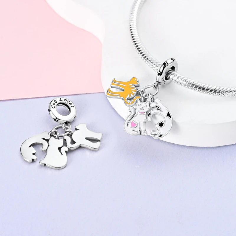 Cute 925 sterling silver cat charms for bracelets, perfect DIY jewelry gift for cat lovers.