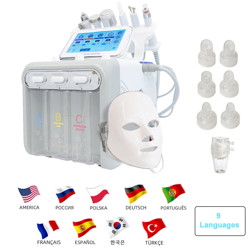 7-in-1 water dermabrasion facial machine with LCD screen, LED mask, and probe attachments for professional skin care.